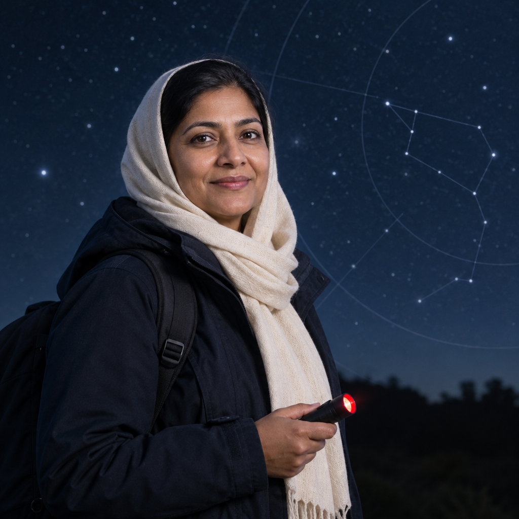 Organizer Samira Iqbal, in a cream scarf holding a red-light flashlight against a soft night-sky background