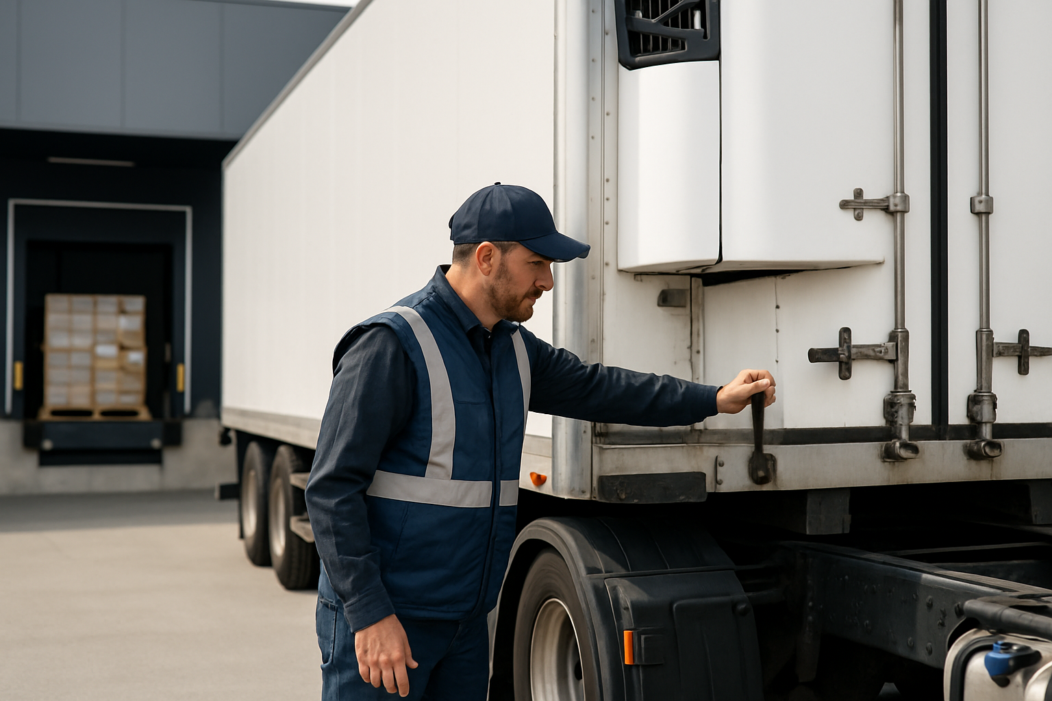 Professional logistics driver inspecting a refrigerated trailer beside a freight dock at daylight