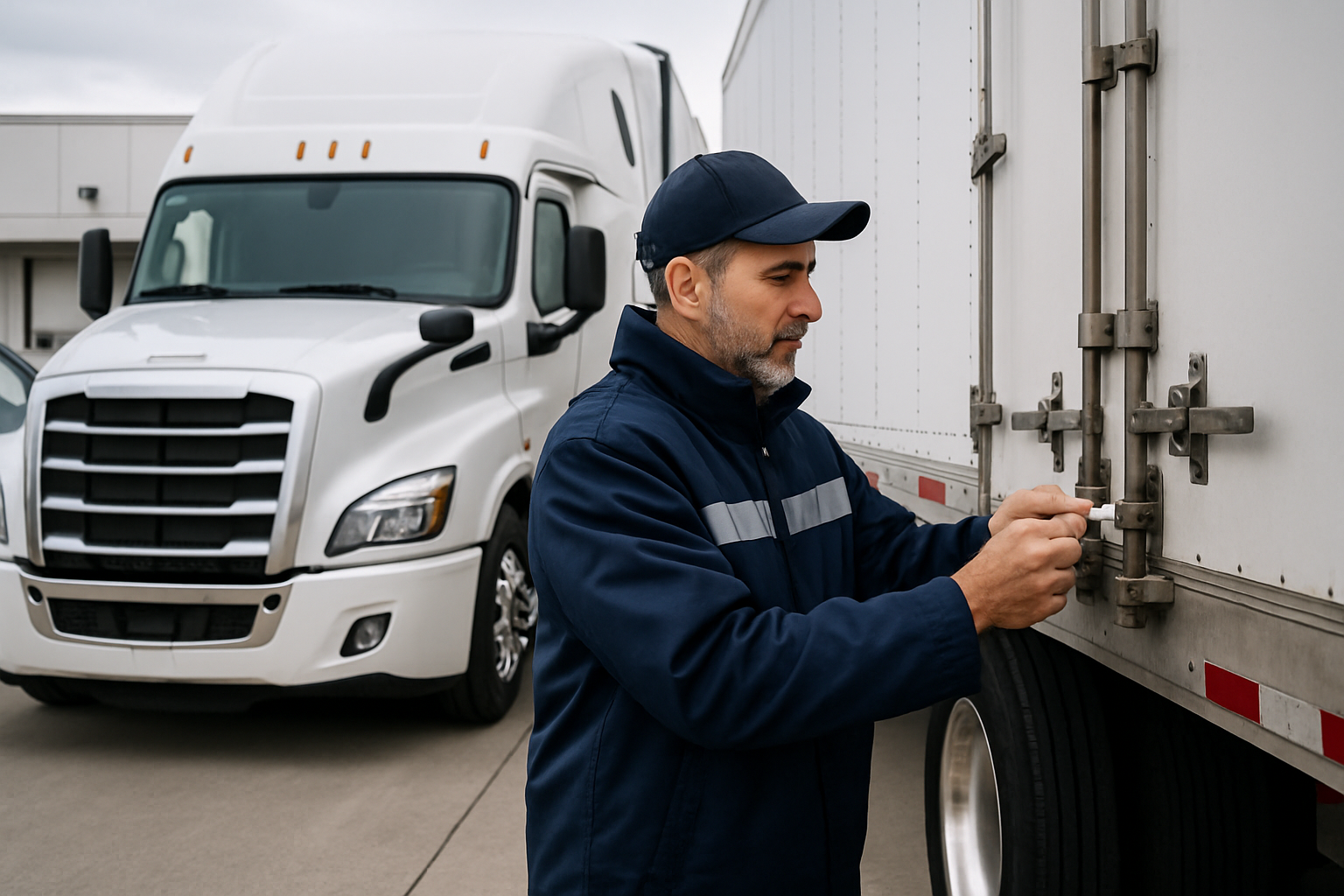 Owner-operator driver inspecting a refrigerated trailer beside a clean logistics truck at a loading yard