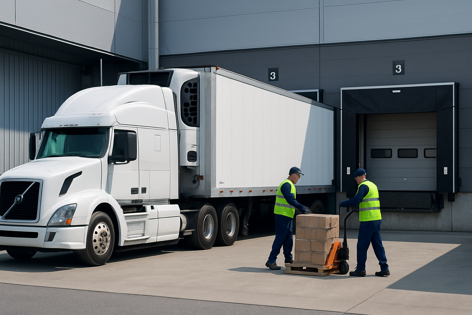 White refrigerated semi-truck backed to a loading dock at a distribution center, with workers in safety gear coordinating temperature-sensitive cargo transfer