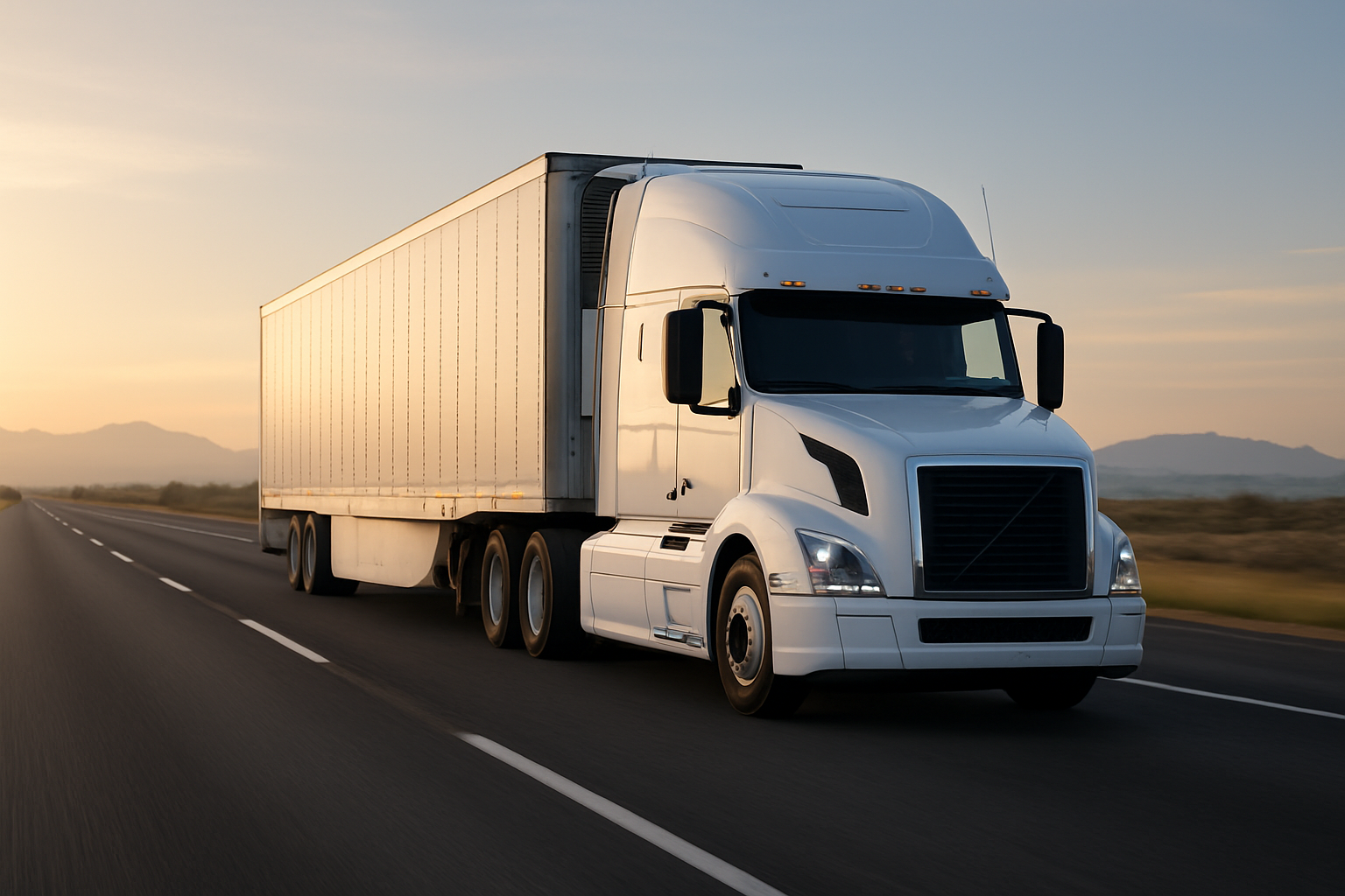 Ortega Premier Logistics truck on a highway route at sunrise, representing active fleet coverage and dependable delivery operations