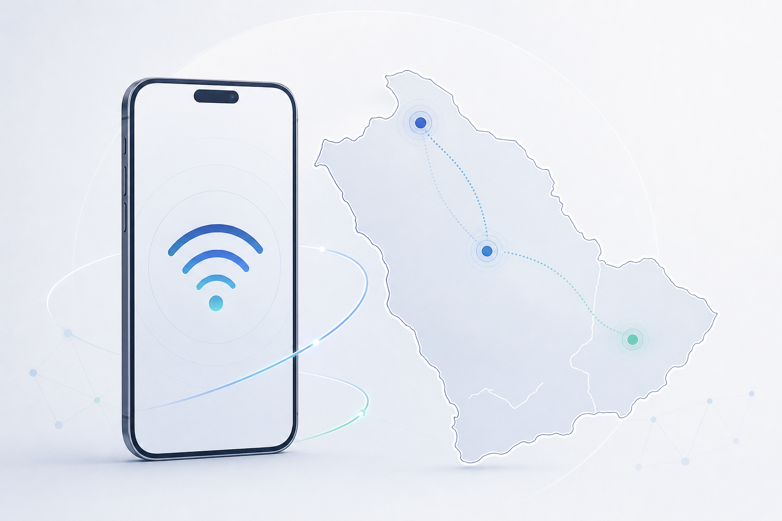 Abstract tech illustration with a slim mobile device outline, network signal arcs, and a minimal map of Saudi Arabia, Oman, and Kuwait in clean lines