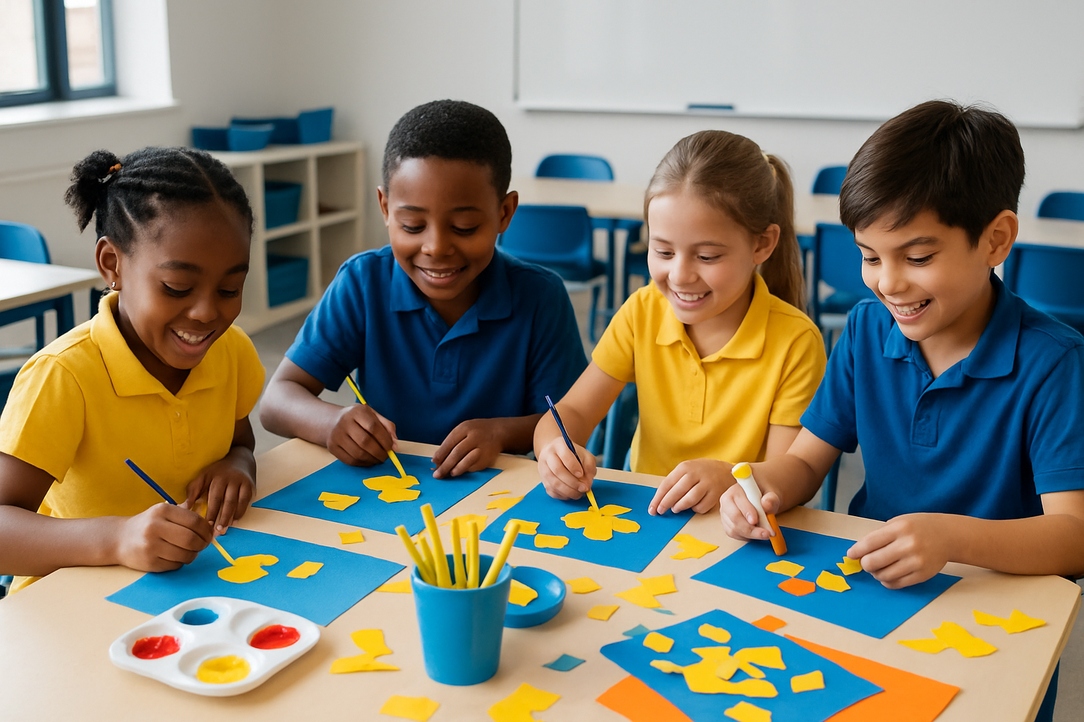 Groupe d'élèves participant à une activité artistique colorée