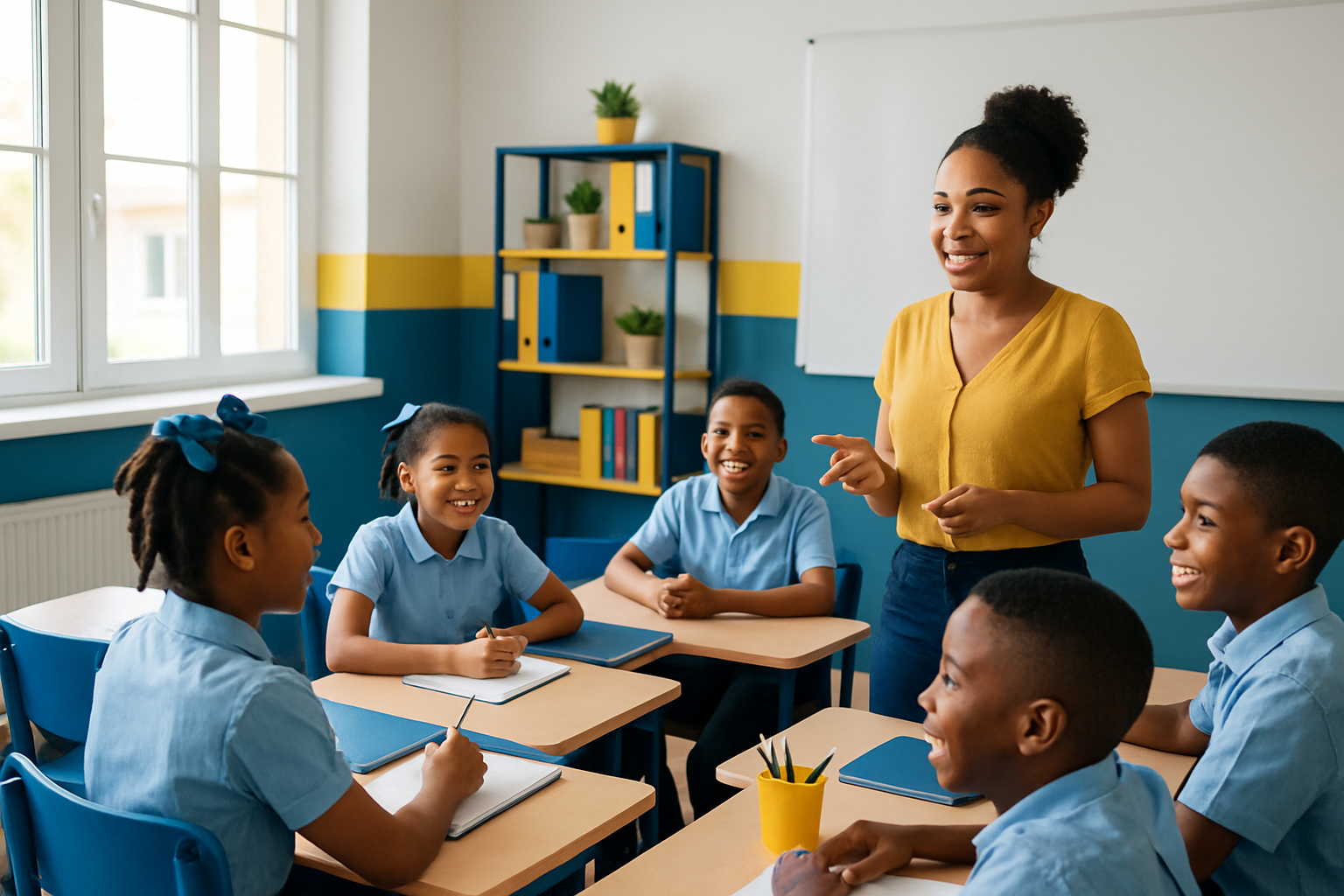Salle de classe lumineuse avec élèves en uniforme et enseignants en discussion