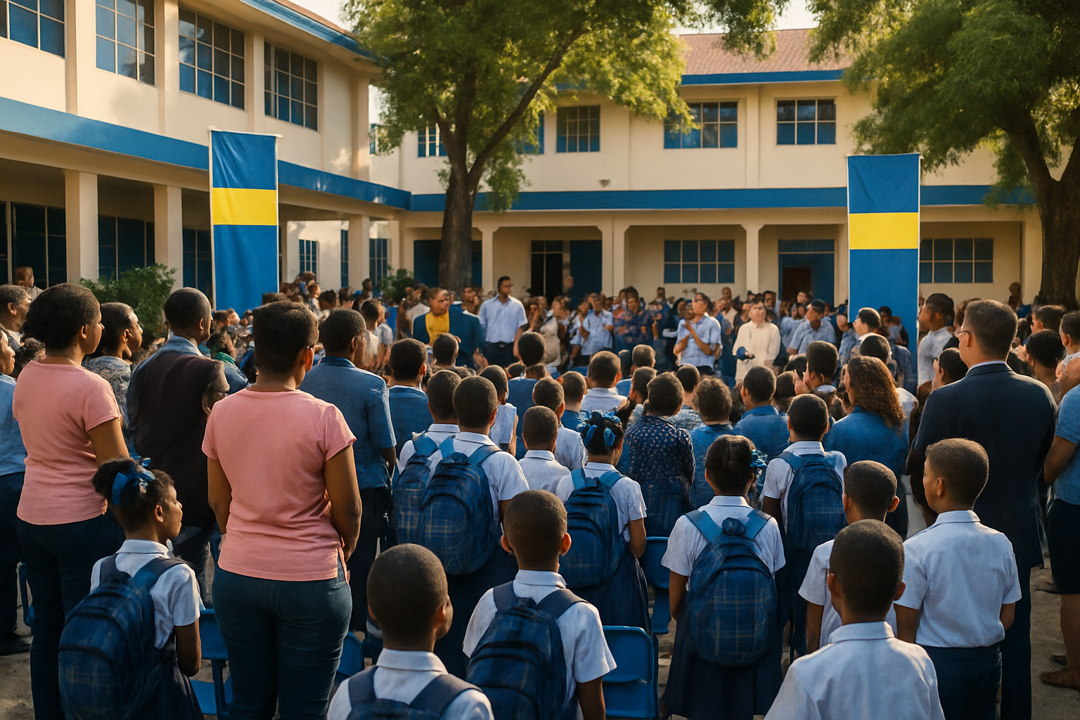 Événement scolaire avec parents et élèves rassemblés dans une cour