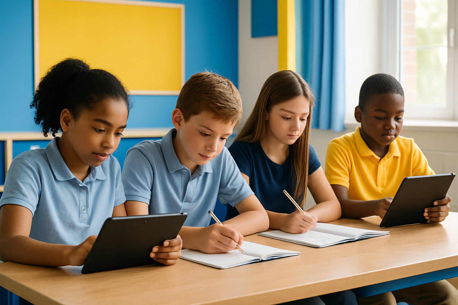 Étudiants travaillant sur des tablettes et cahiers en groupe