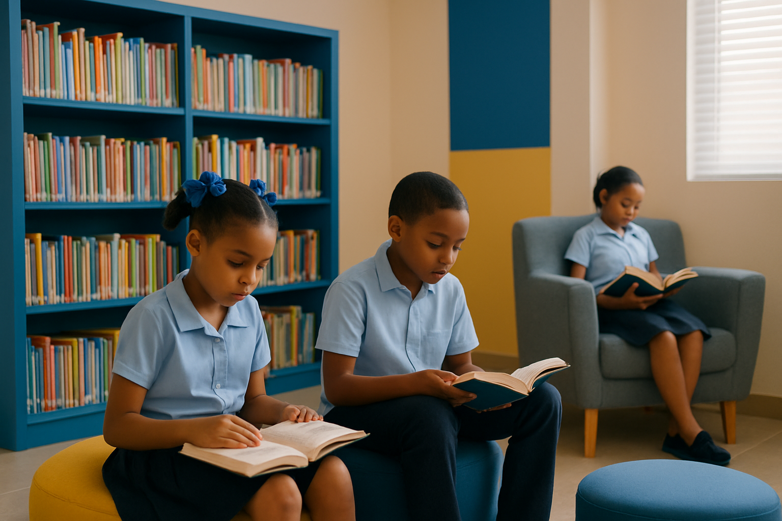 Coin lecture calme avec livres colorés et élèves concentrés