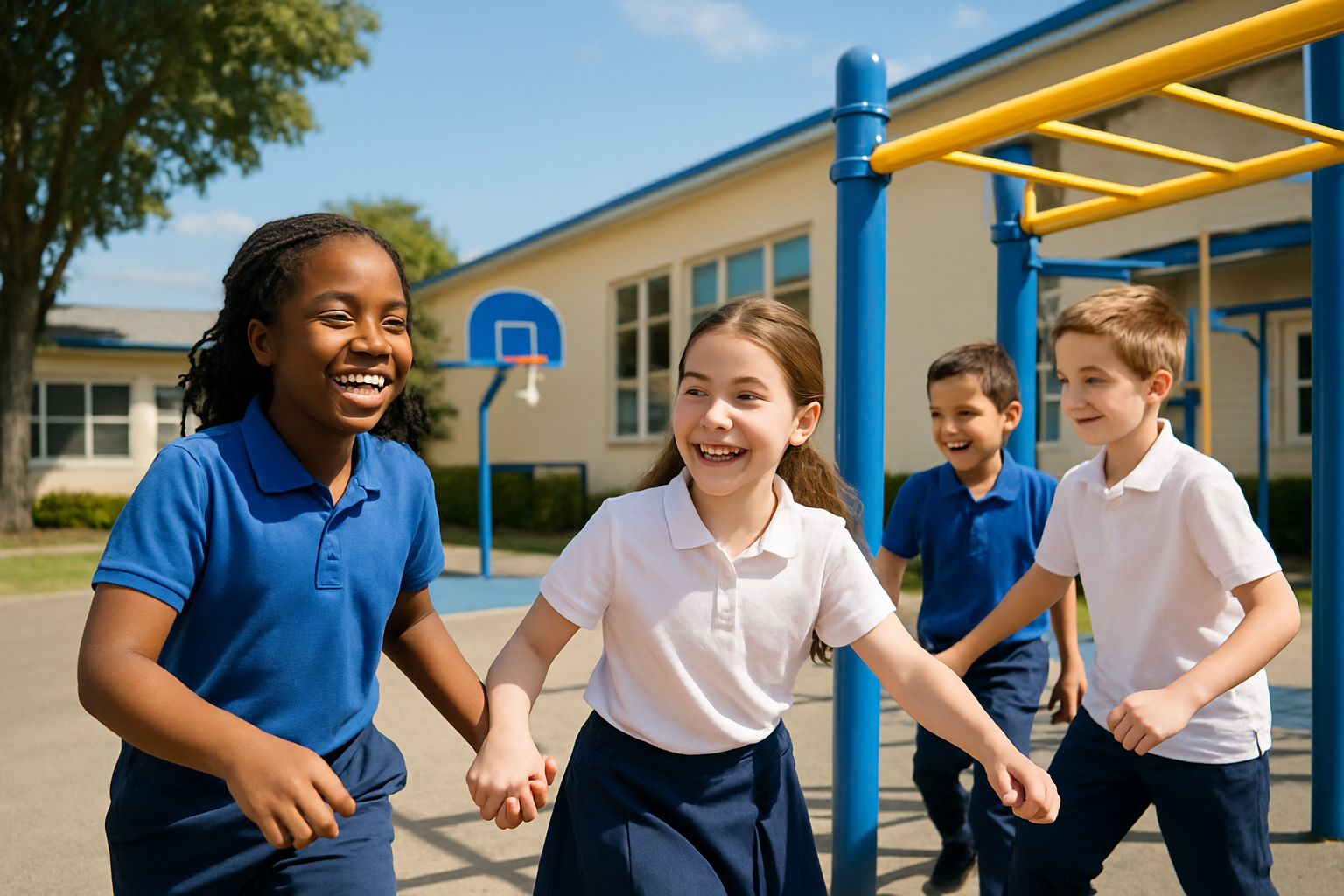 Jeux en plein air avec élèves souriants sur une cour d'école