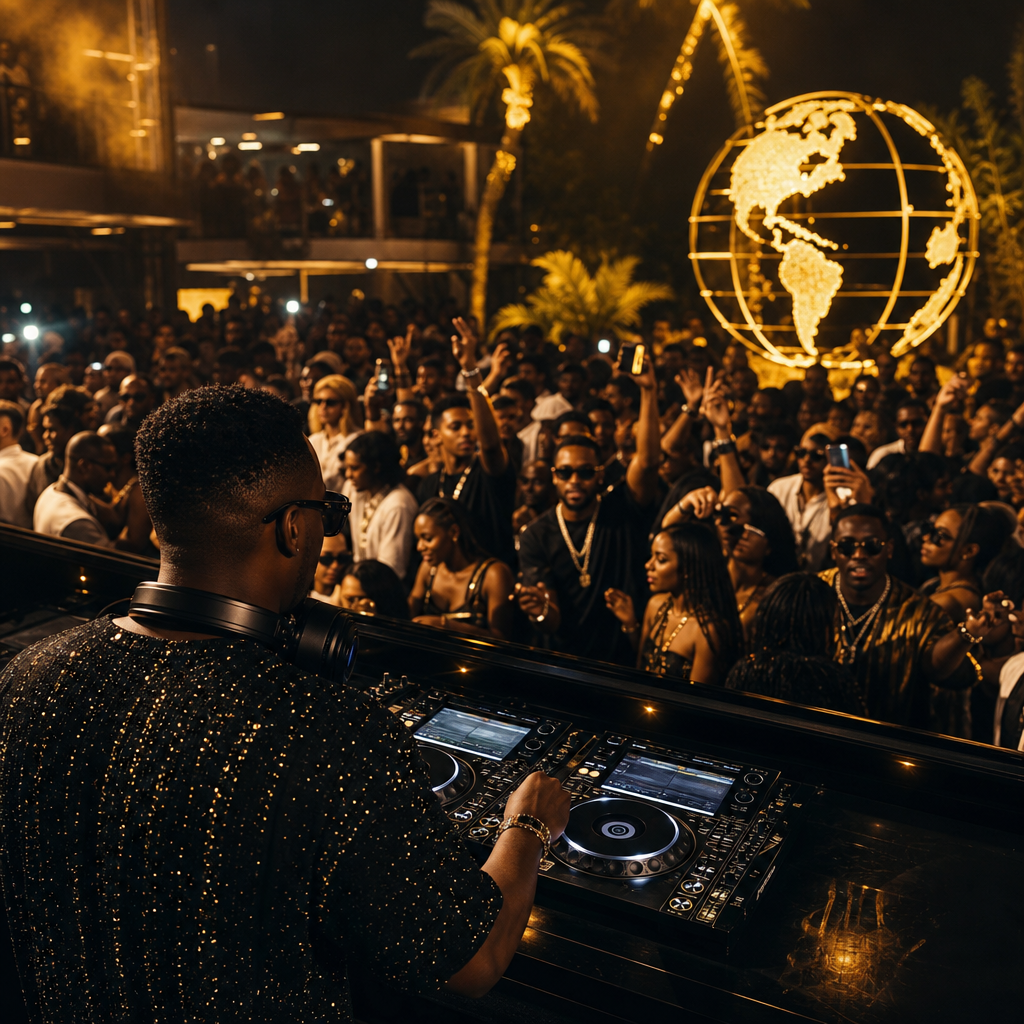 Crowded international nightclub scene with a DJ booth and glowing gold lighting, diverse audience dancing