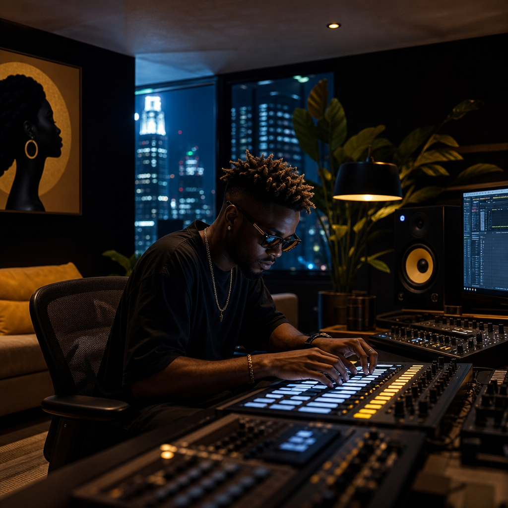 Nighttime Lagos music studio with a young producer working on a MIDI controller surrounded by soft blue and amber light