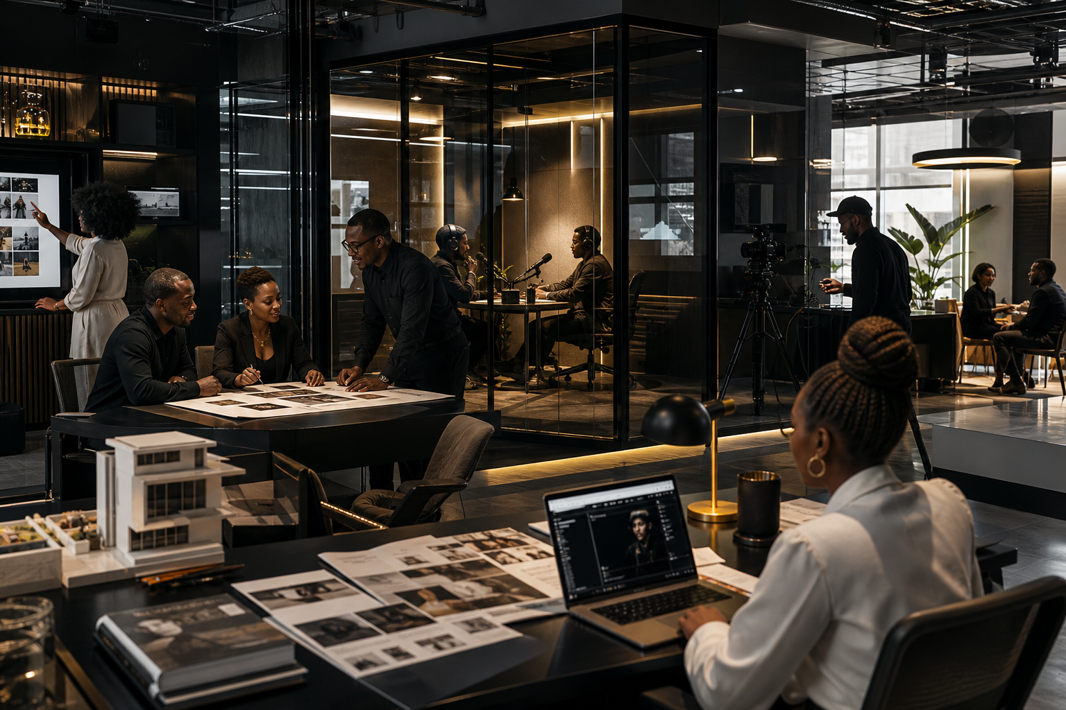 Premium editorial scene of African creators and producers collaborating in a modern media studio with glass meeting pods, broadcast lighting rigs, and warm gold reflections across laptops and architectural steel