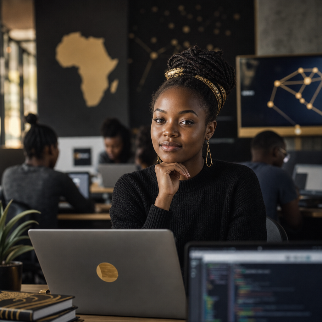 Young Kenyan developer in a community tech lab setting