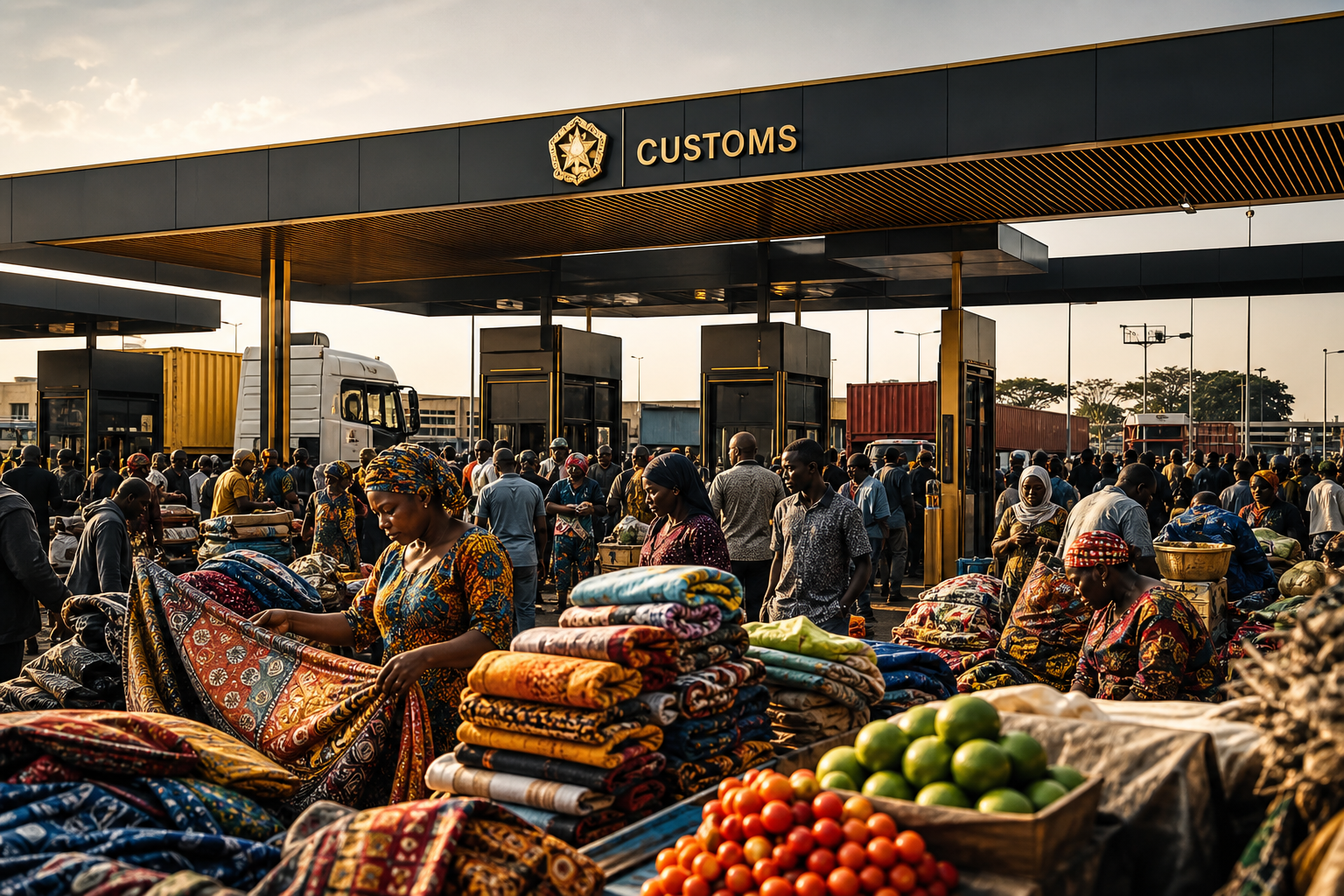 Crowded African border market with traders arranging textiles and produce beneath a modern customs canopy