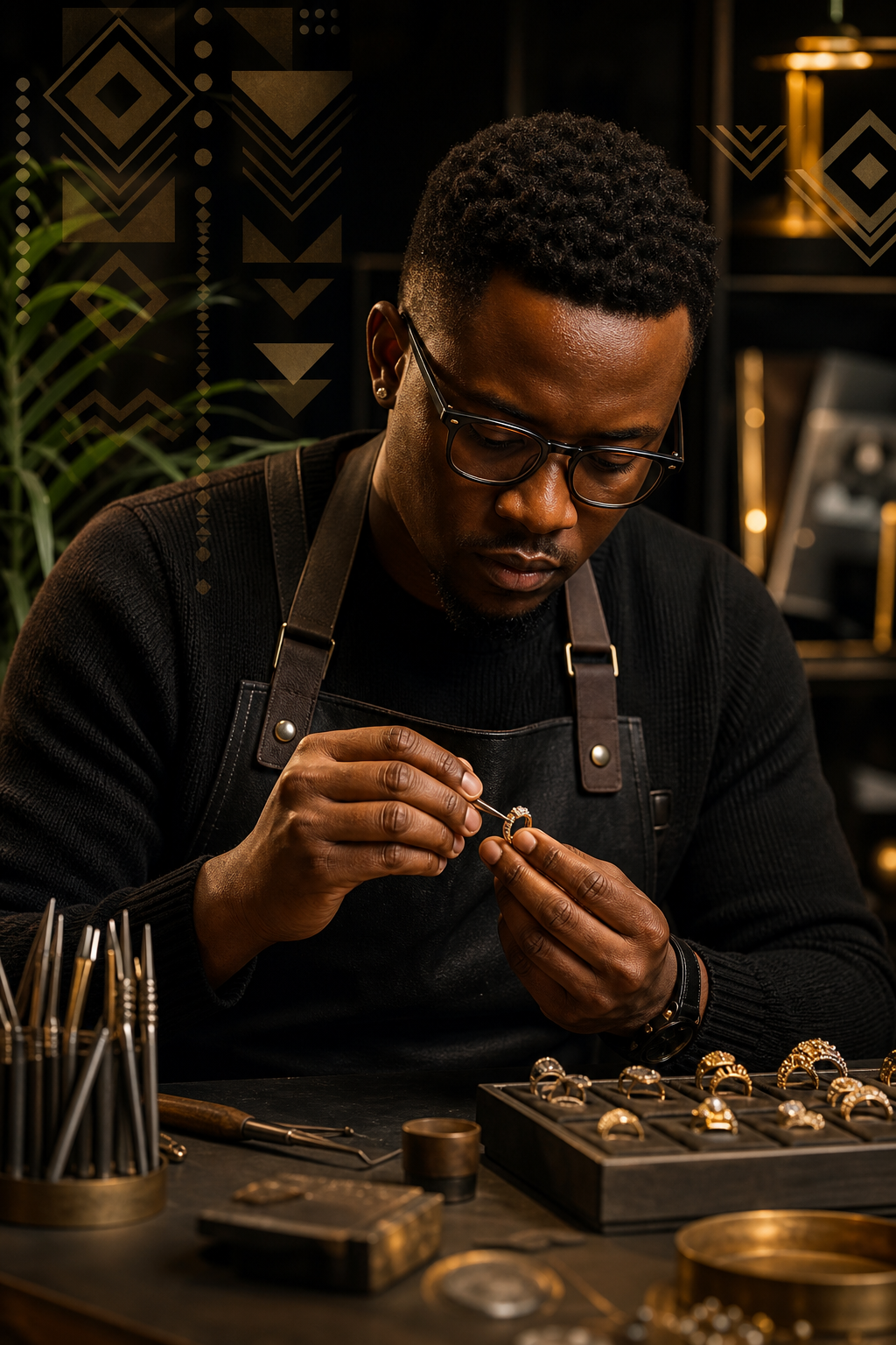Portrait of a Botswanan jeweler working at a studio bench with subtle Tswana pattern overlays.