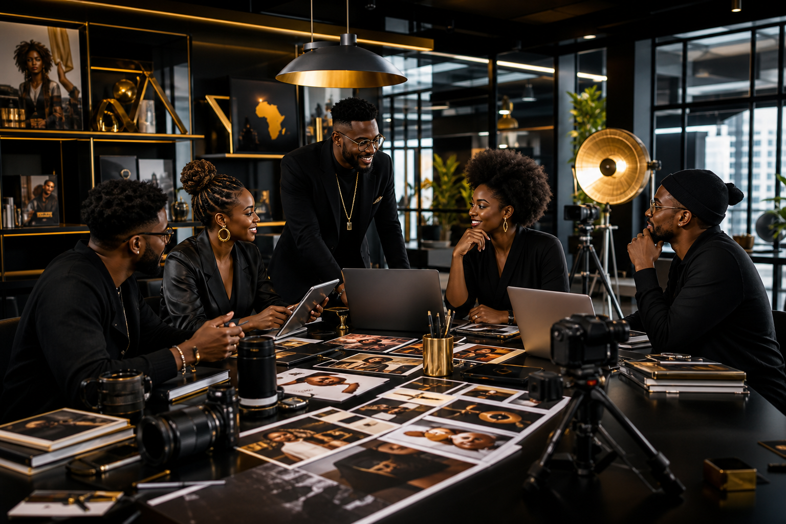 Premium African creator-economy collaboration scene in a modern media and marketing production studio, with strategists and creators co-developing campaign visuals under warm editorial lighting and refined gold accents