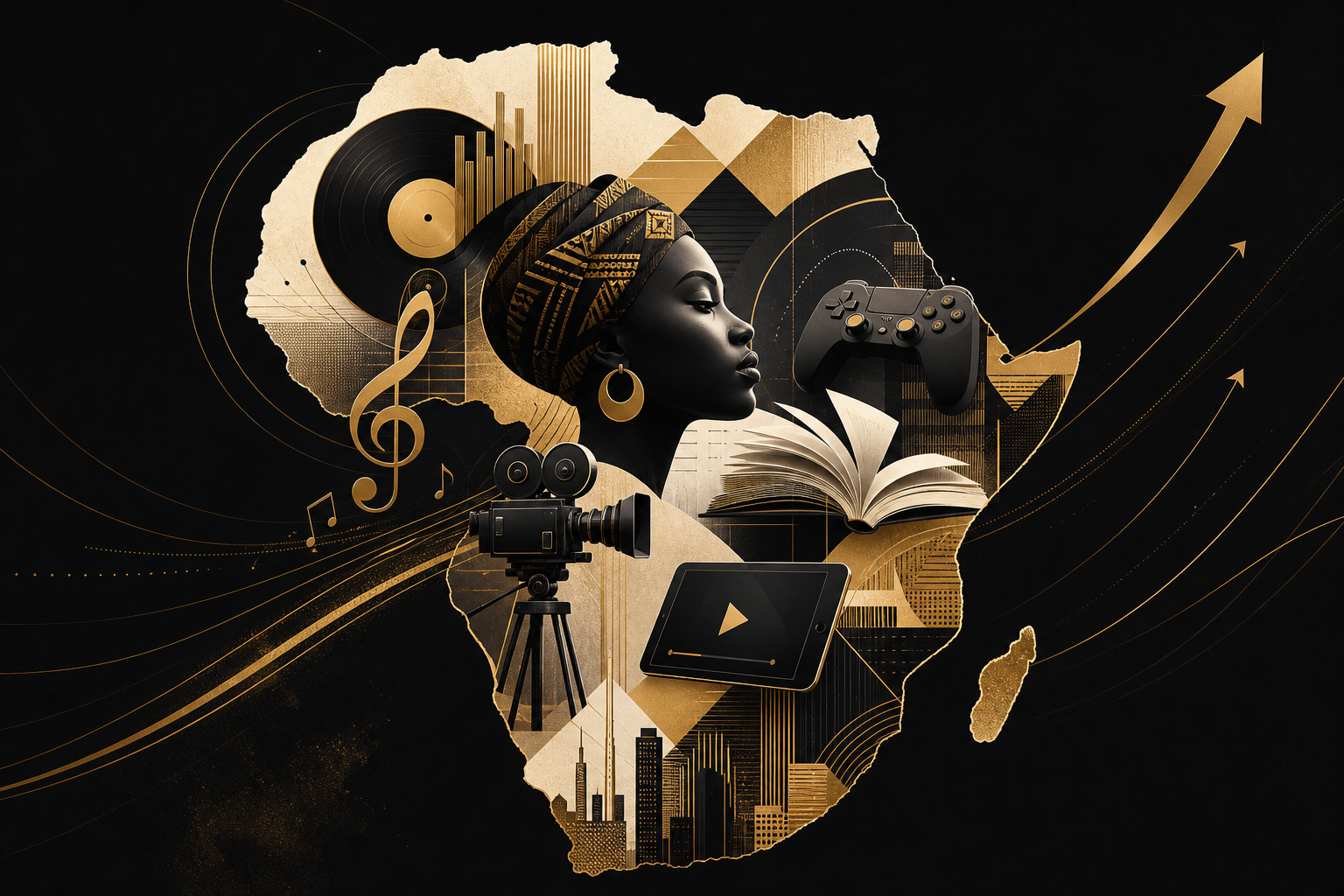 Editorial abstract illustration of African creative sectors connected by glowing pathways, showing upward growth momentum across music, film, publishing, and digital media in a black, white, and gold visual language