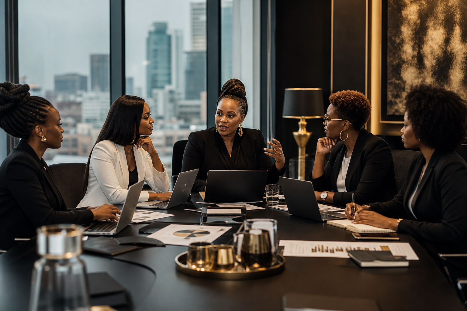 Senior executives and women founders in a focused boardroom strategy meeting with documents, laptops, and a professional urban skyline backdrop