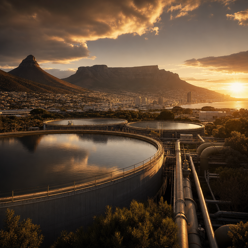 Cinematic view of Cape Town water resilience with reservoirs, modern water infrastructure, and surrounding mountains under dramatic light