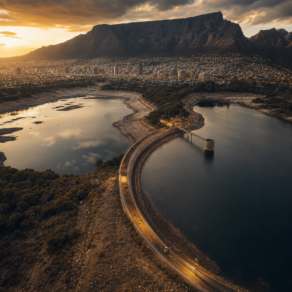 Aerial view of Cape Town reservoirs at dusk with exposed shoreline and city lights
