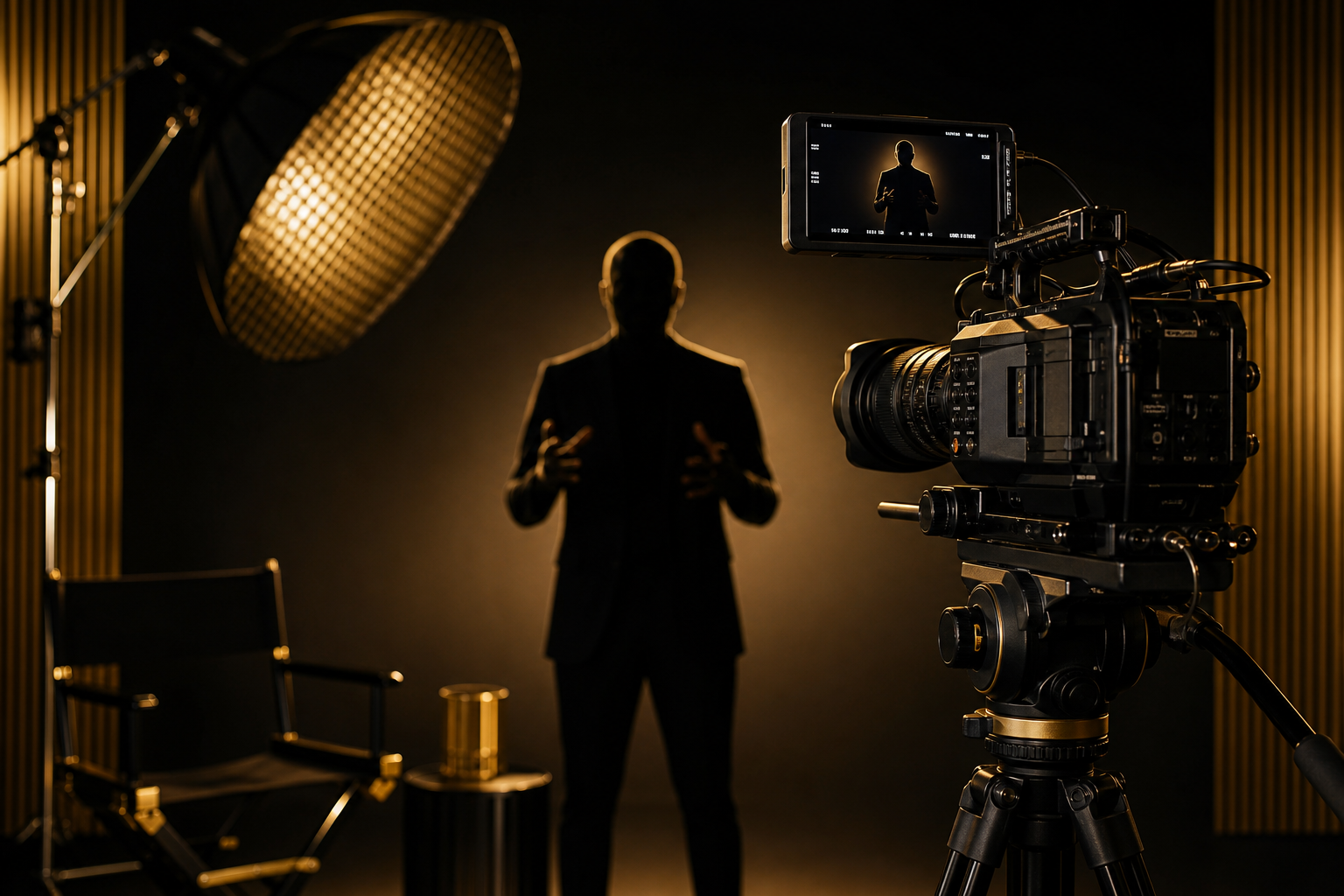 Cinematic video set with a gold-lit camera rig filming a presenter against a dark backdrop