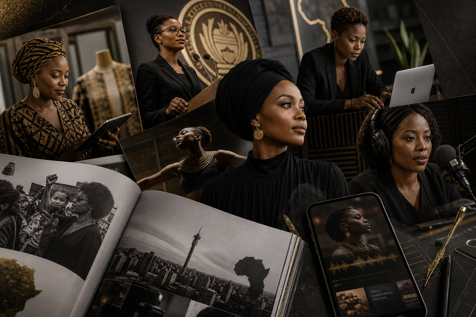 Editorial montage of African women across media, design, policy, and community spaces, layered like a magazine spread