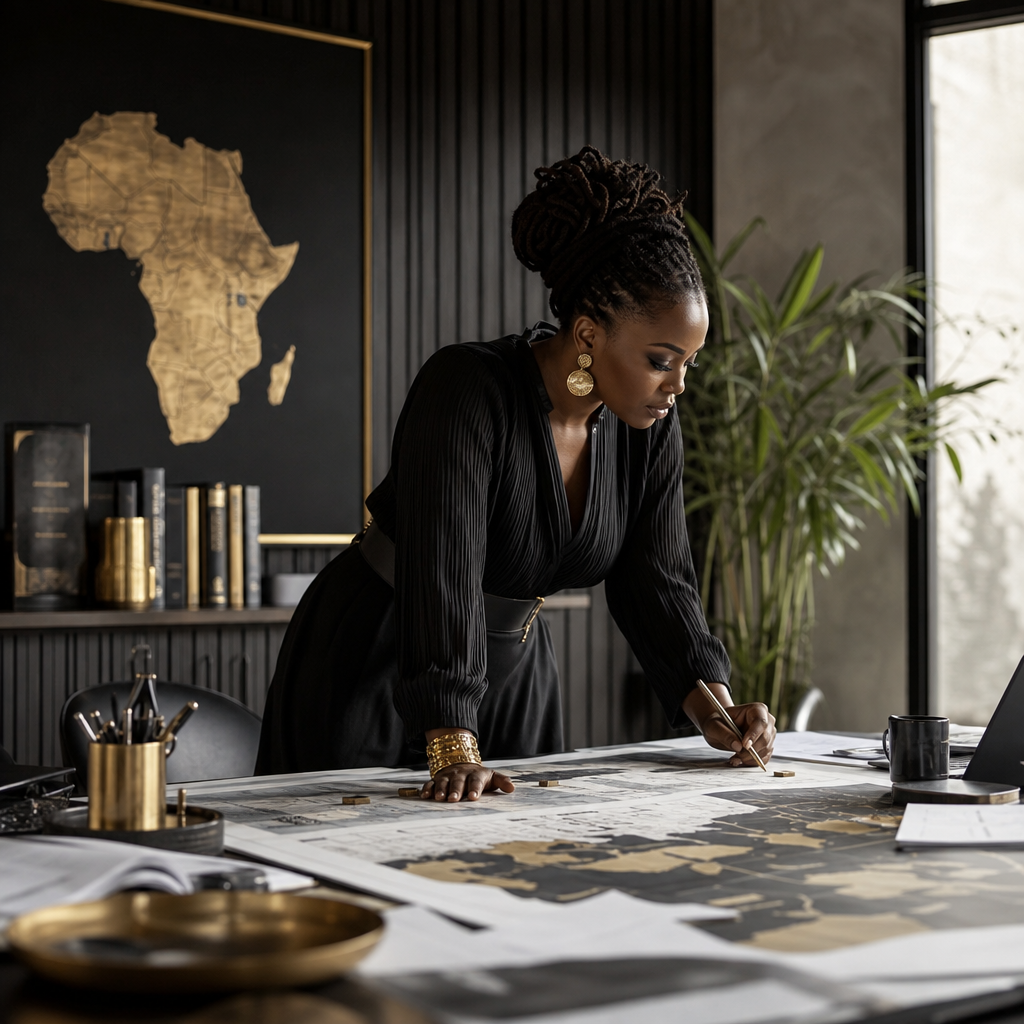 Woman documenting decisions around a planning table with notes, maps, and timeline cards