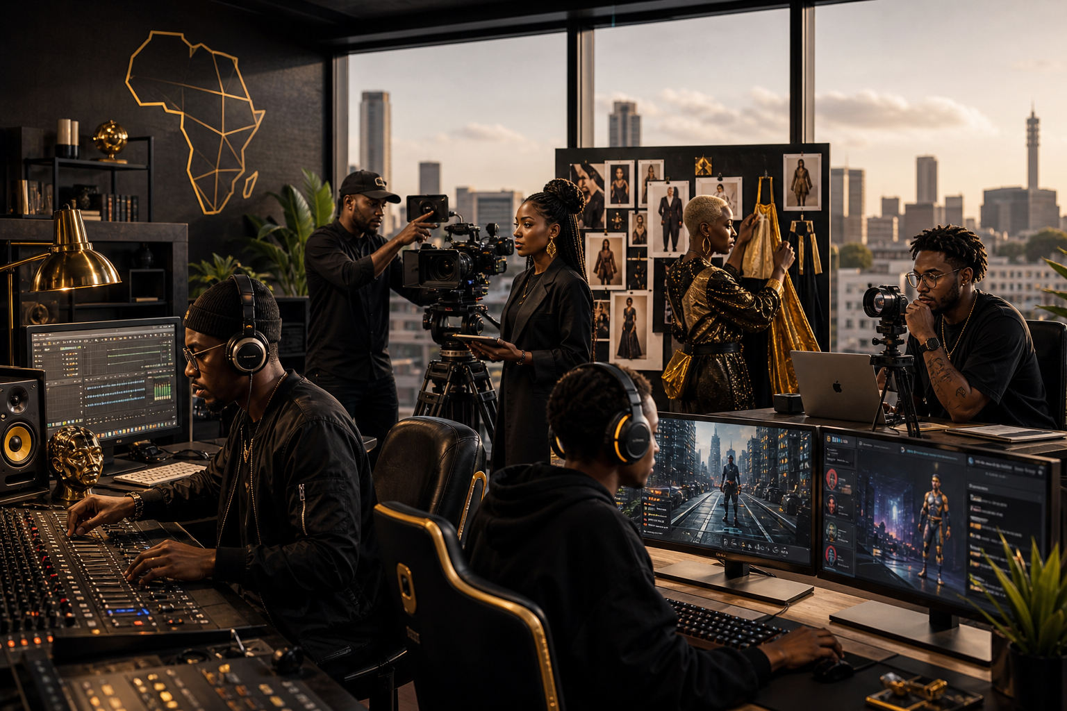 AI-generated editorial illustration of diverse African creators collaborating in a modern Johannesburg studio across music, film, fashion, gaming, and digital production