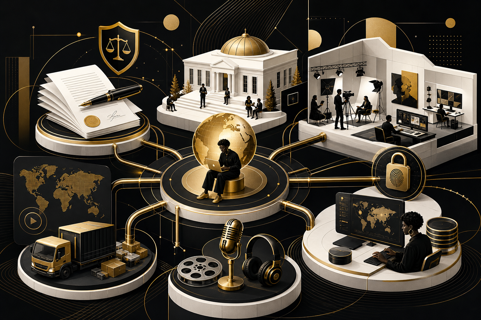 Refined conceptual illustration of contracts, distribution networks, training programs, and production systems forming a coordinated support framework for African creators in a premium black, white, and gold style