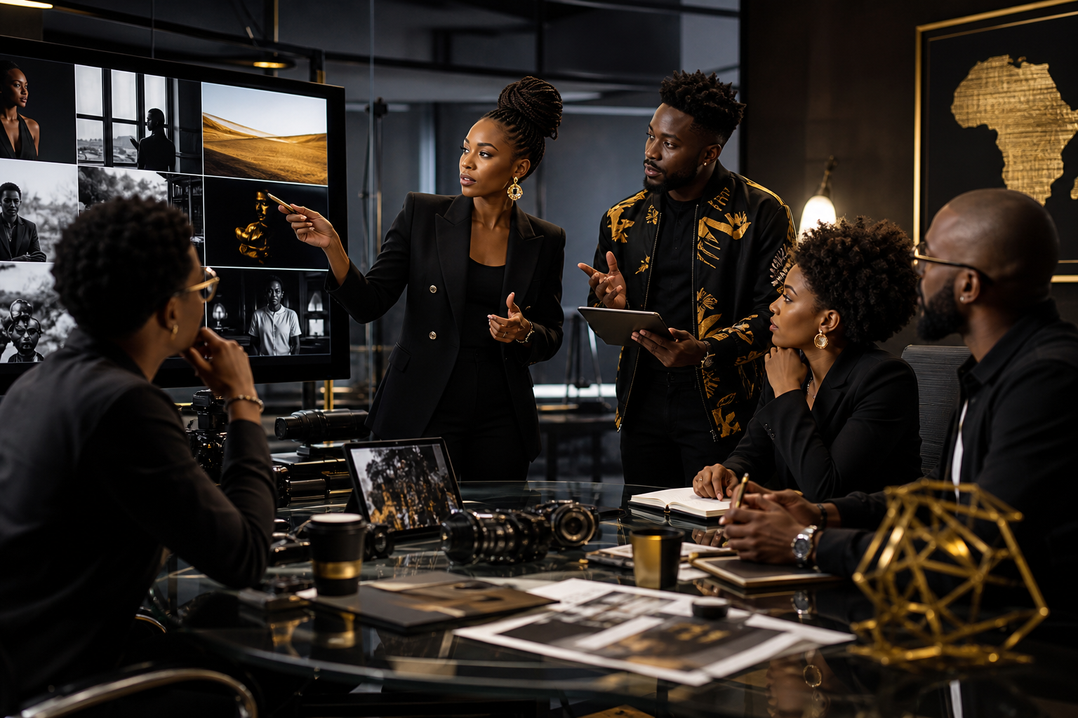 Cinematic editorial scene of African creators and brand strategists collaborating in a modern media production studio