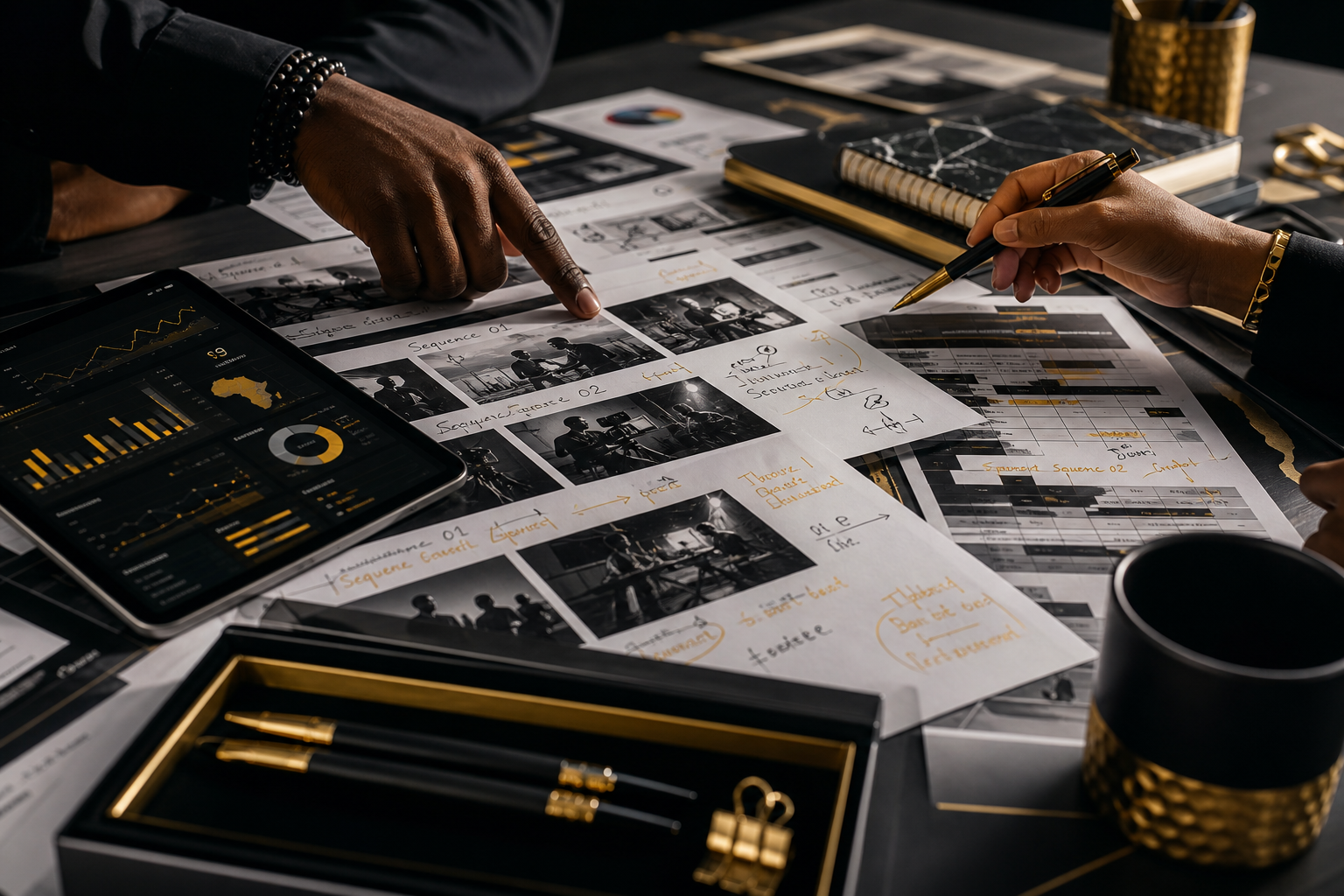 High-contrast detail frame showing a strategy desk with campaign storyboards, production notes, and creator economy analytics in an African agency setting