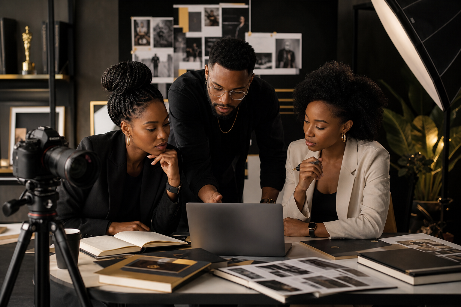 Editorial-style scene of African content creators and brand strategists collaborating in a modern production studio with cameras, laptops, notes, and warm cinematic lighting