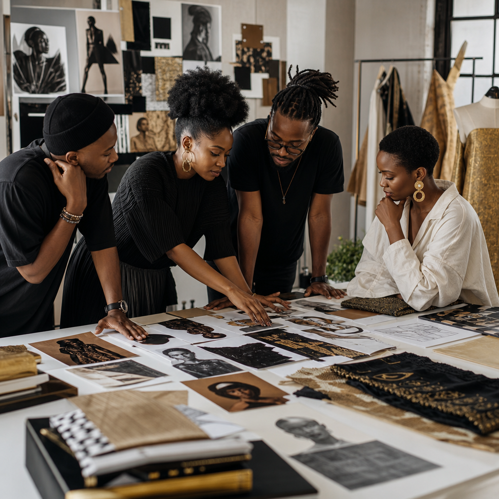Behind-the-scenes studio table with stylists, notebooks, fabric swatches, and pinned references during a collaborative concept meeting