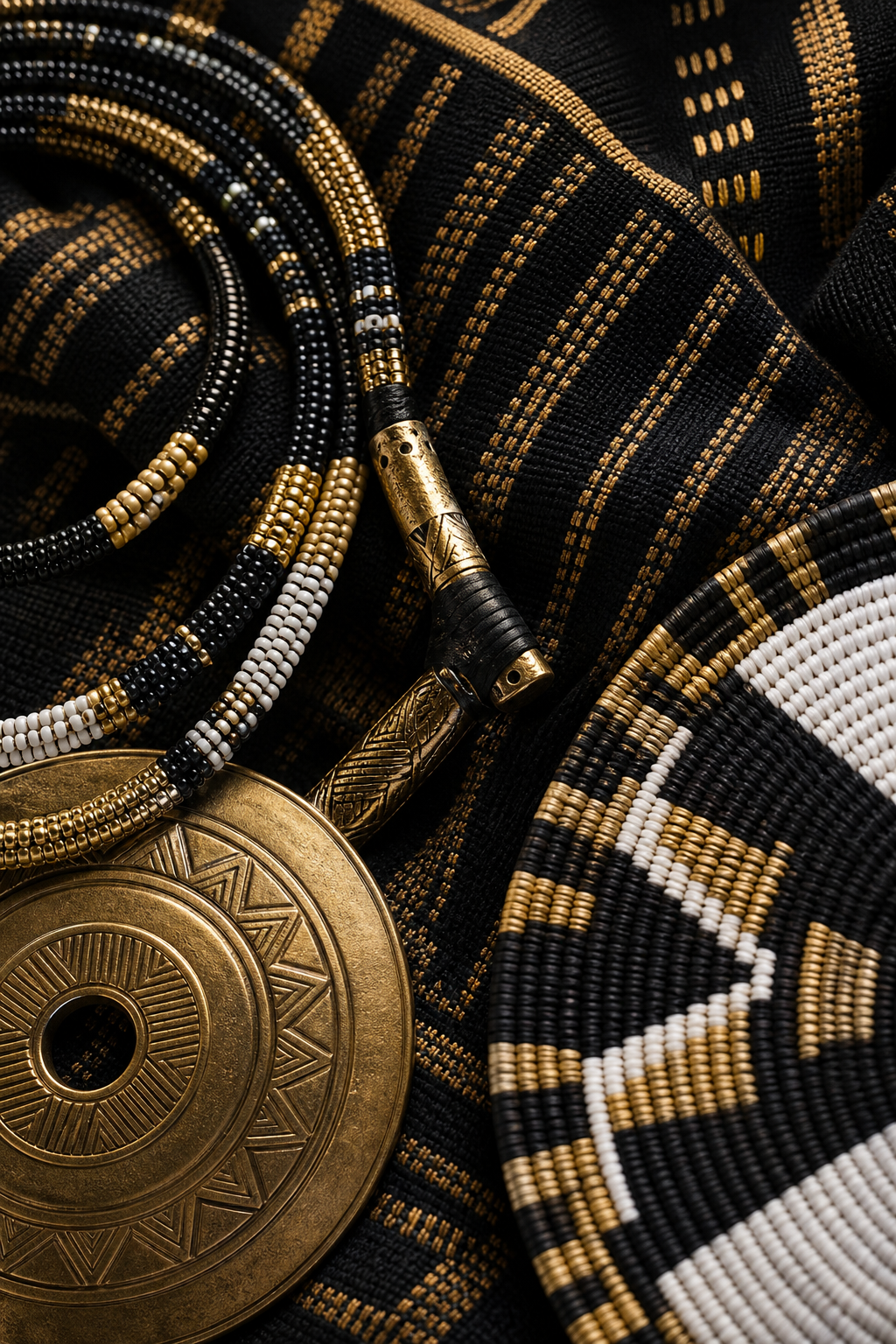 Close-up cultural detail of handcrafted beaded textile and engraved metal adornments arranged with editorial precision