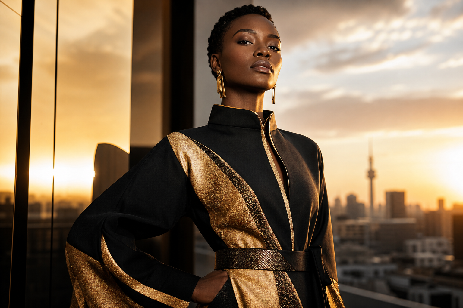 High-fashion campaign portrait of a Black African creative director in a structured gold-and-ink-black garment on an urban rooftop at golden hour