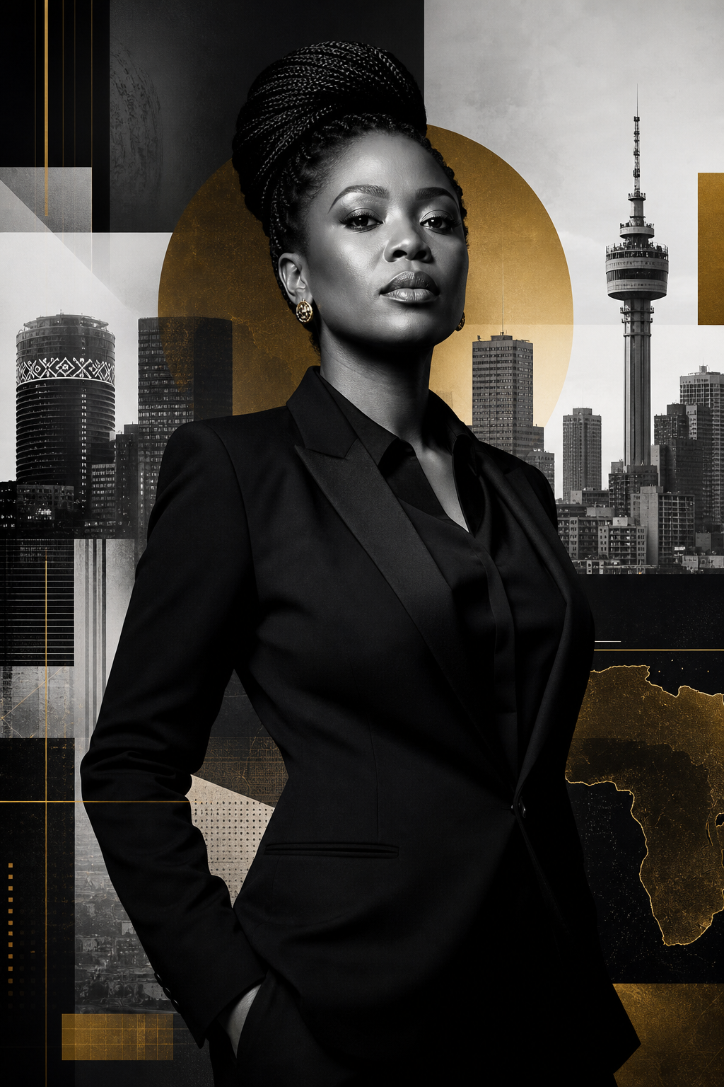Cinematic magazine cover featuring a contemporary African editor in a tailored suit, layered with abstract city textures and gold typography