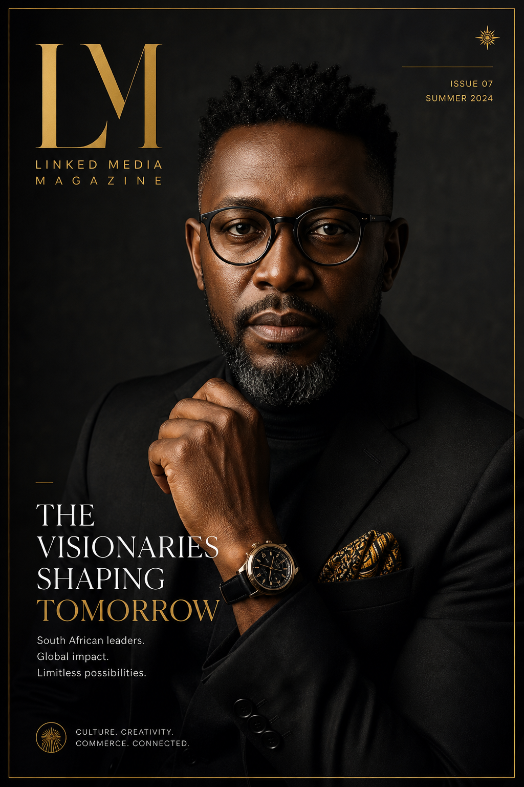 Current issue cover featuring a bold portrait of a South African creative leader against a dark editorial background with gold typography