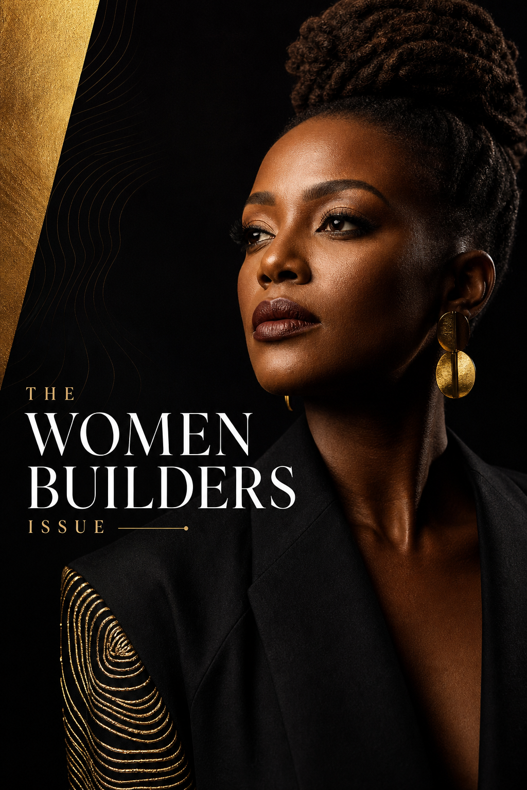 Cover for The Women Builders Issue featuring a poised African woman in editorial portrait lighting with refined gold magazine typography