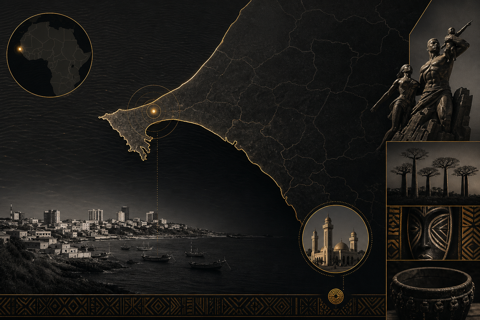 Illustrated Dakar city locator with coastal map outlines, cultural icons, and gold highlight markers