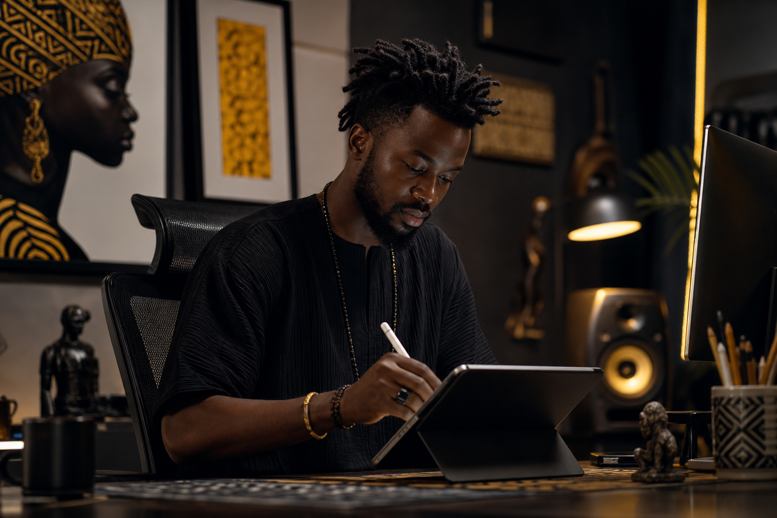 Dakar digital artist working on a tablet with a stylus in a contemporary studio