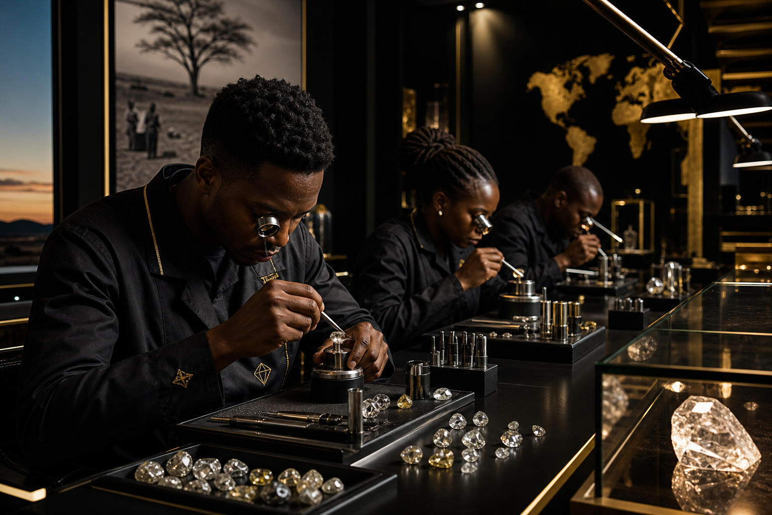 Elegant Botswana diamond workshop with local artisans cutting and polishing gems, warm gold light reflecting off tools and a polished display table