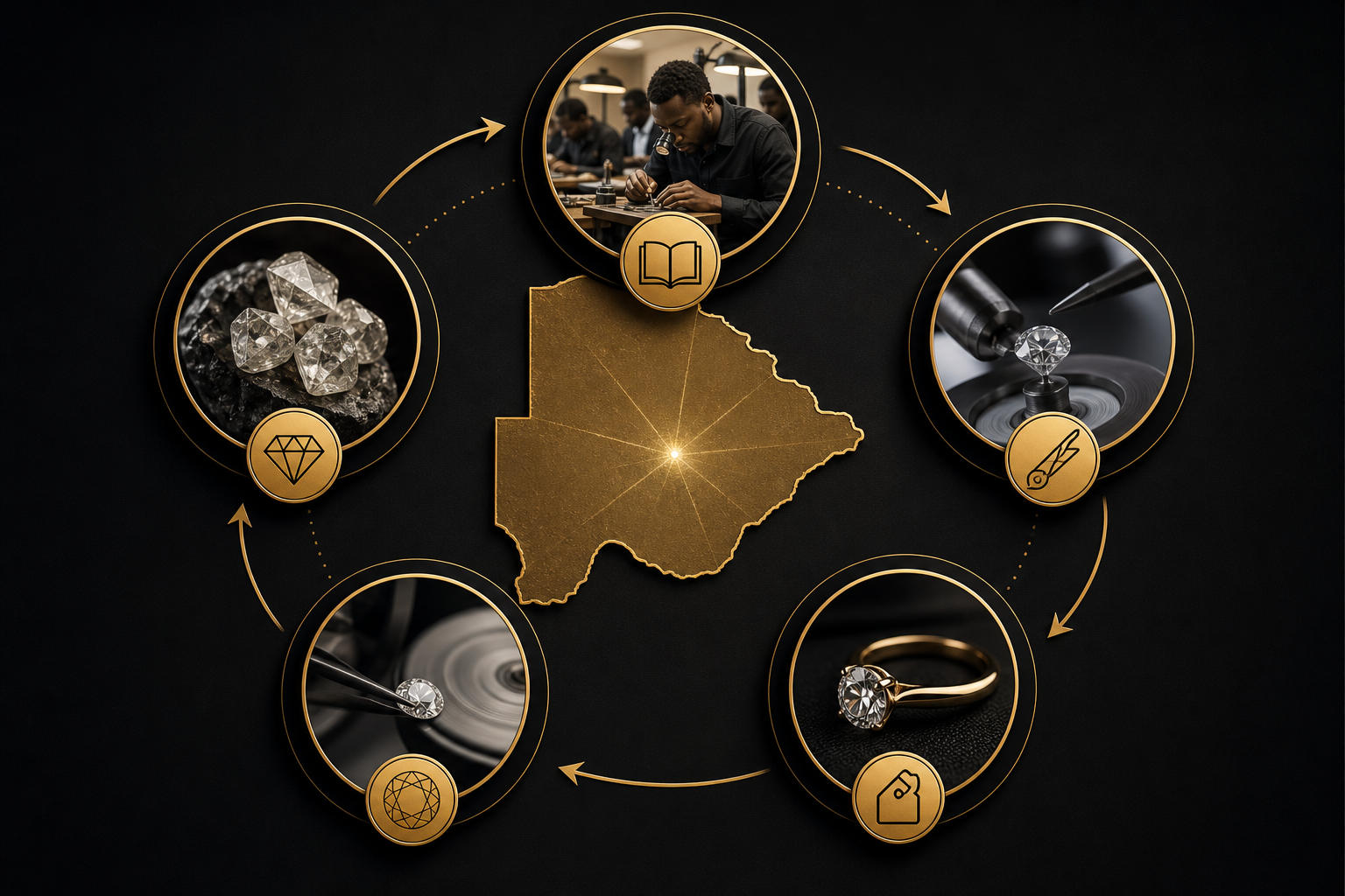 Diagrammatic map highlighting training, cutting, polishing, design, and local branding stages in Botswana.