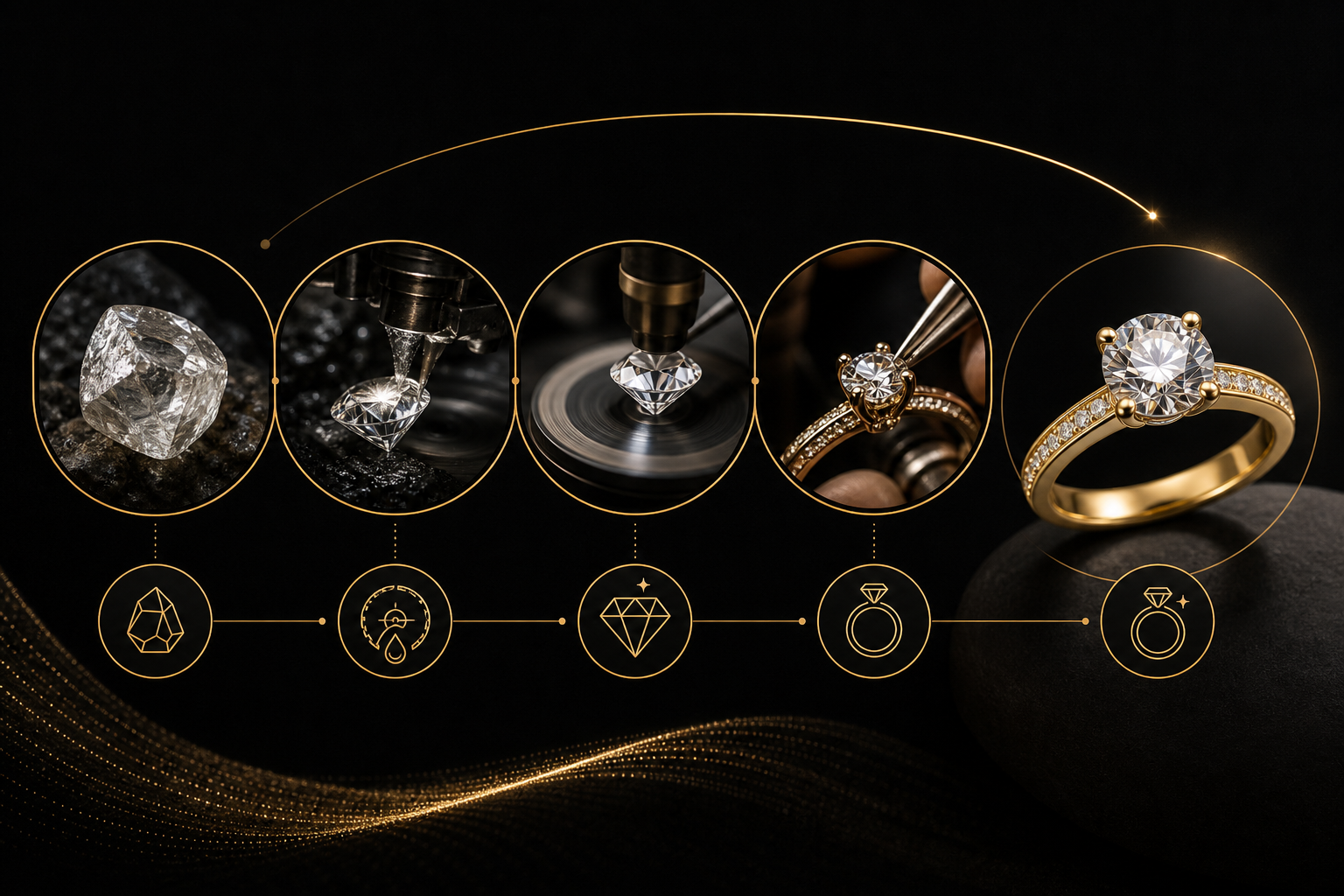 Infographic showing the diamond value chain from rough stones to cutting, polishing, setting, and finished jewelry.