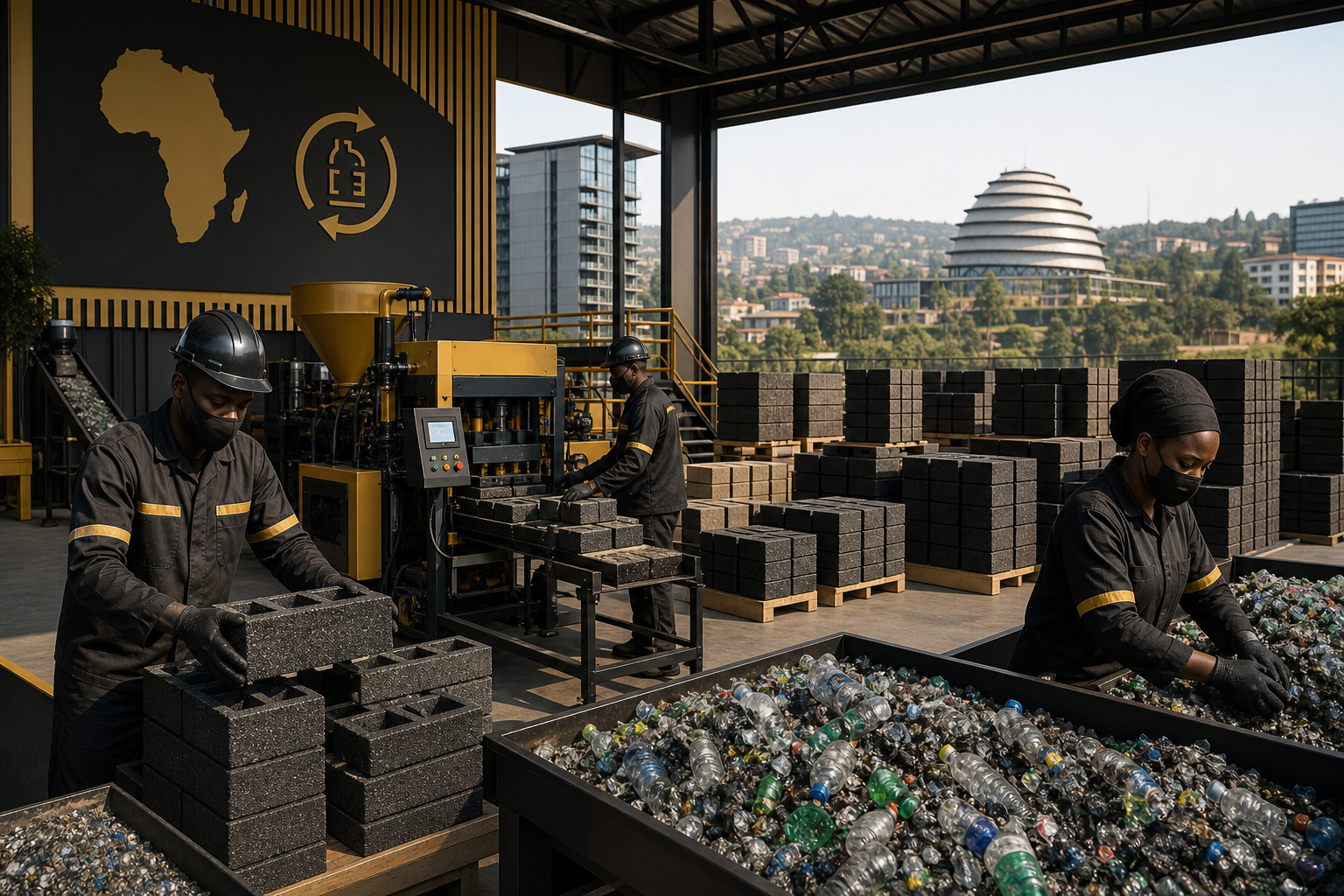 Workers in a modern Kigali recycling facility turning plastic into textured building blocks, with neatly stacked bricks