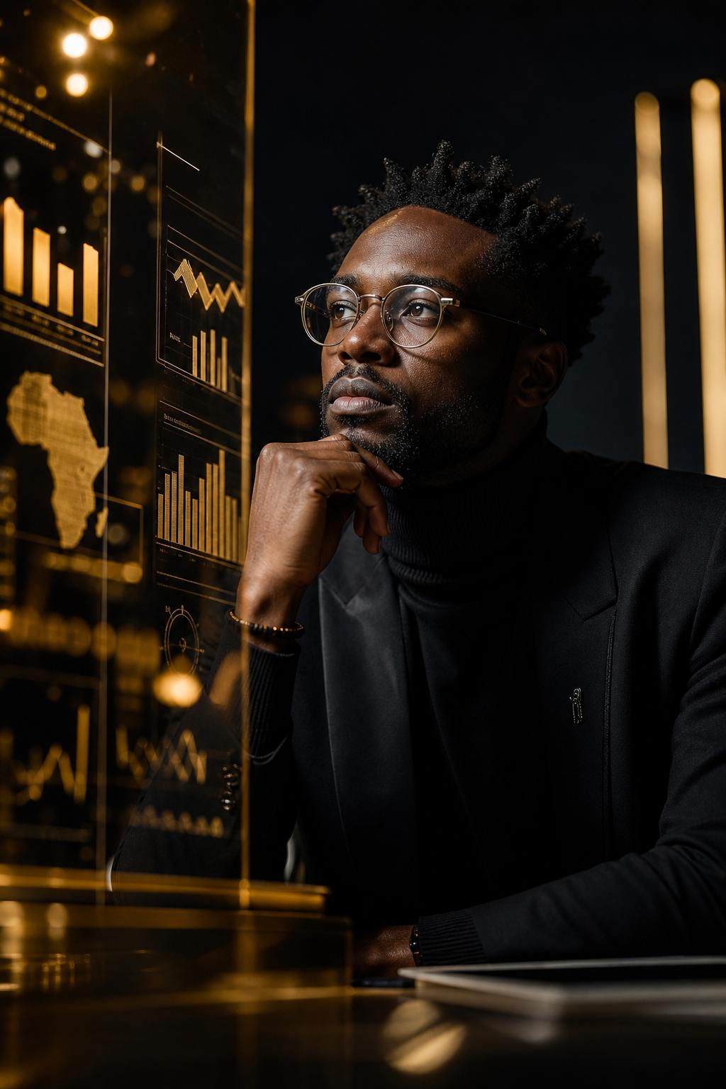 Cinematic editorial portrait of a thoughtful African creative strategist in a dim studio, warm gold reflections across glass overlays and charts, conveying emotional decision-making in modern marketing