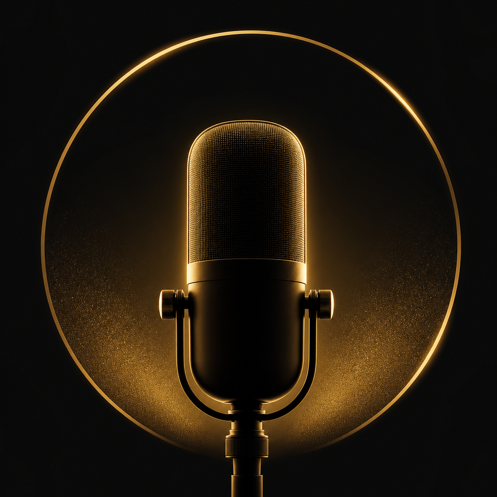Golden-lit podcast cover art with a minimalist microphone silhouette against a deep black background