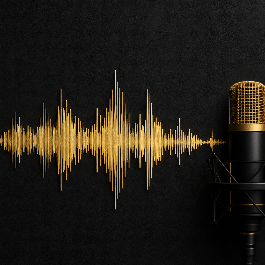 Podcast cover featuring a warm gold waveform on a matte black texture