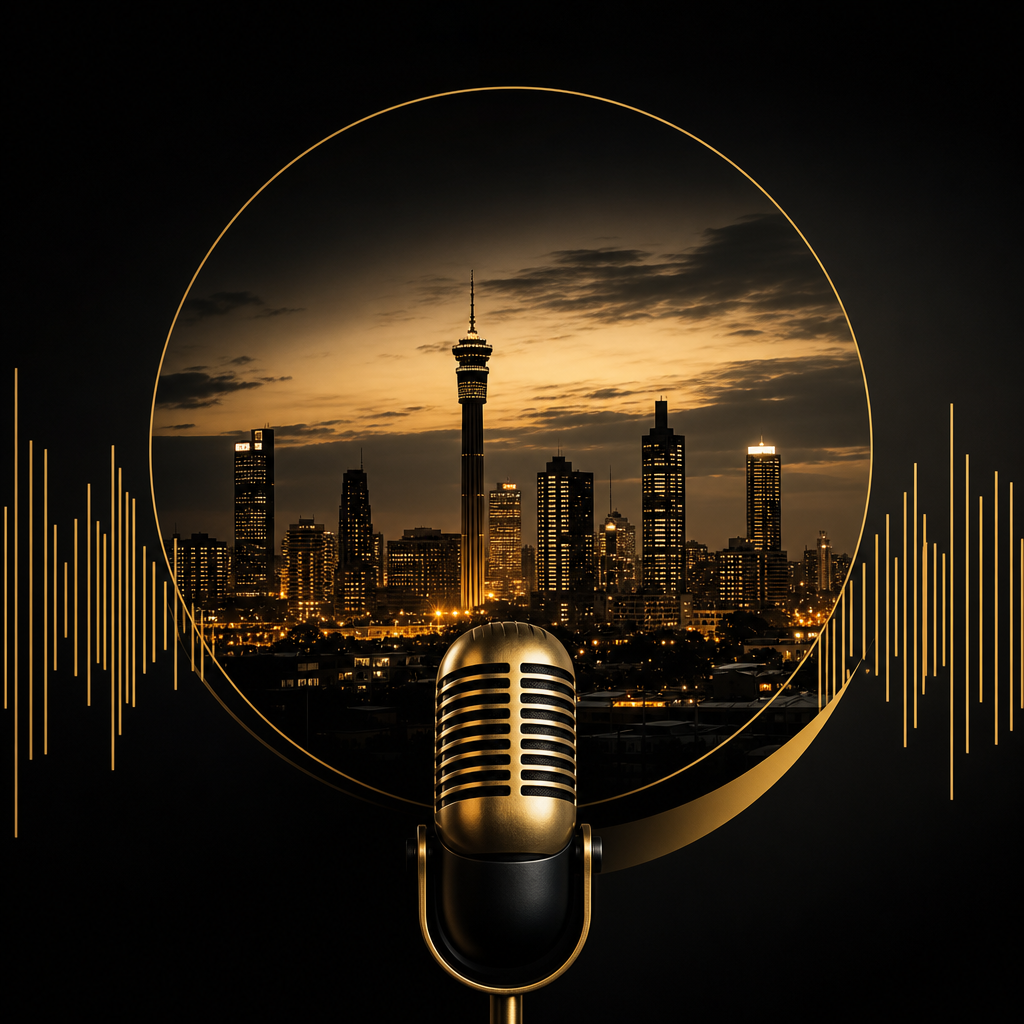 Abstract podcast cover with a cinematic city skyline in soft gold light over a black field