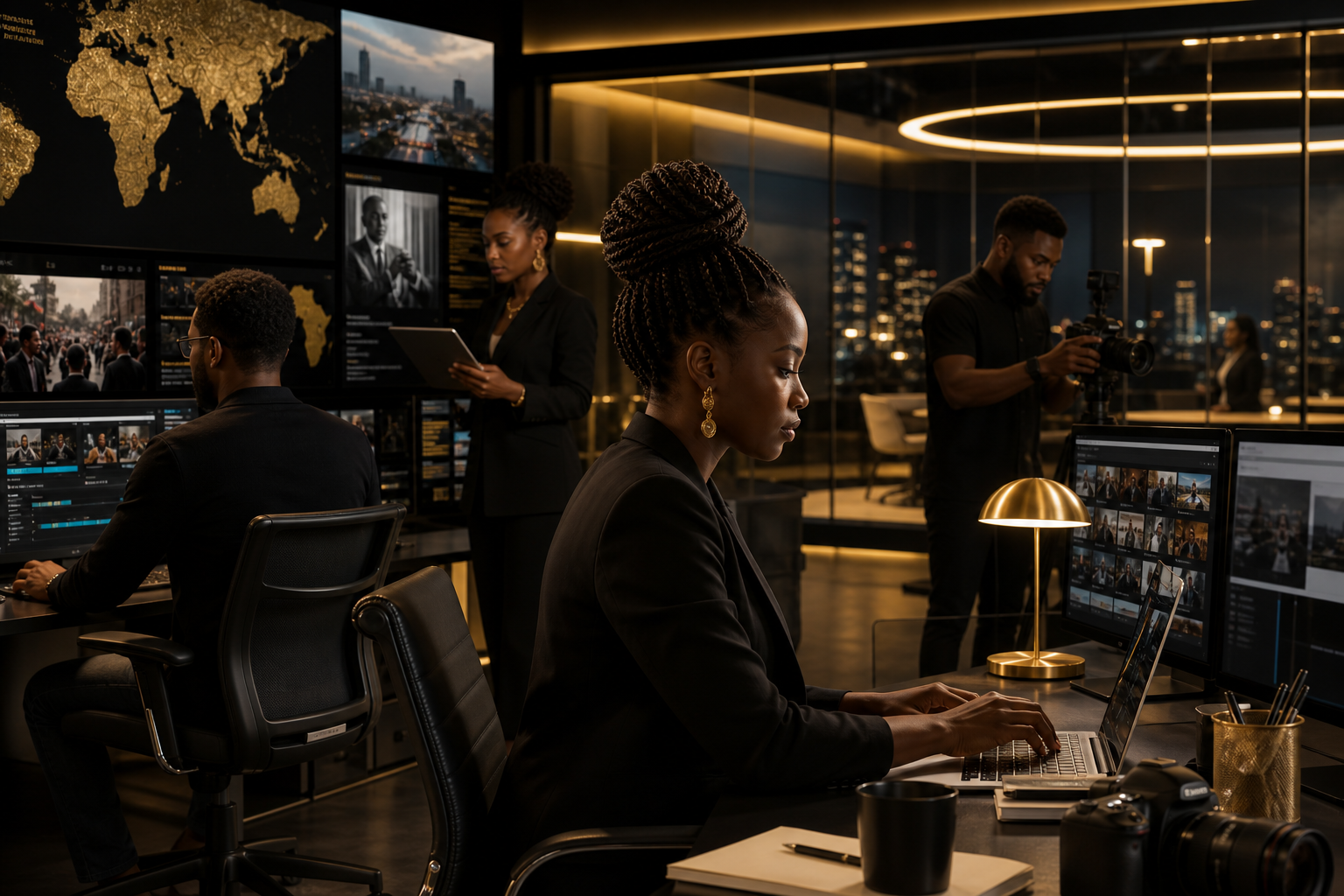 Premium newsroom scene with African journalists and glowing studio screens