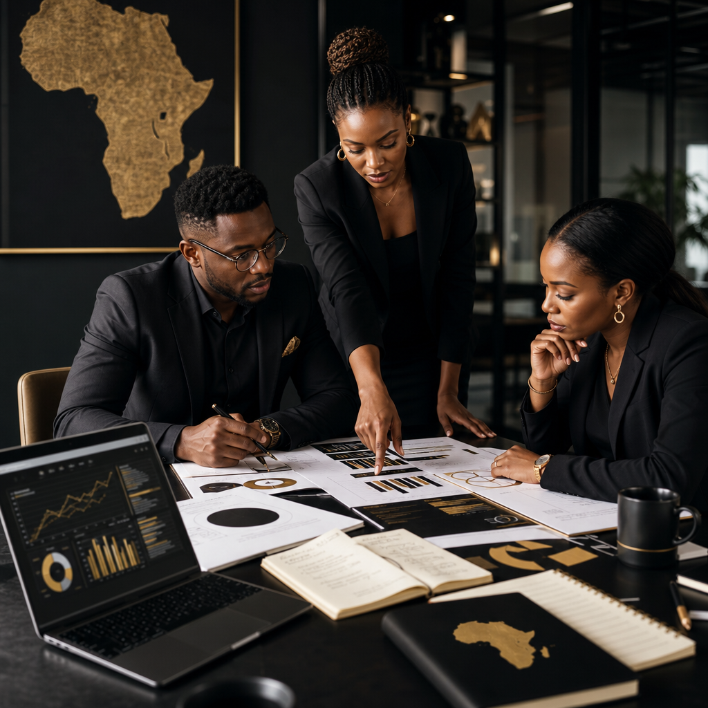Cinematic editorial thumbnail showing a strategist reviewing campaign charts, notebook notes, and a tablet dashboard with refined black, white, and gold styling