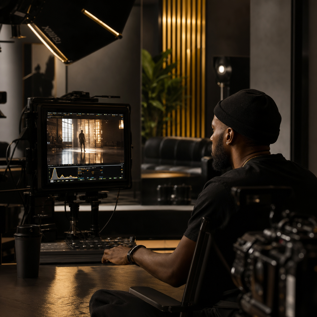 Cinematic video set with African filmmaker reviewing footage on monitor